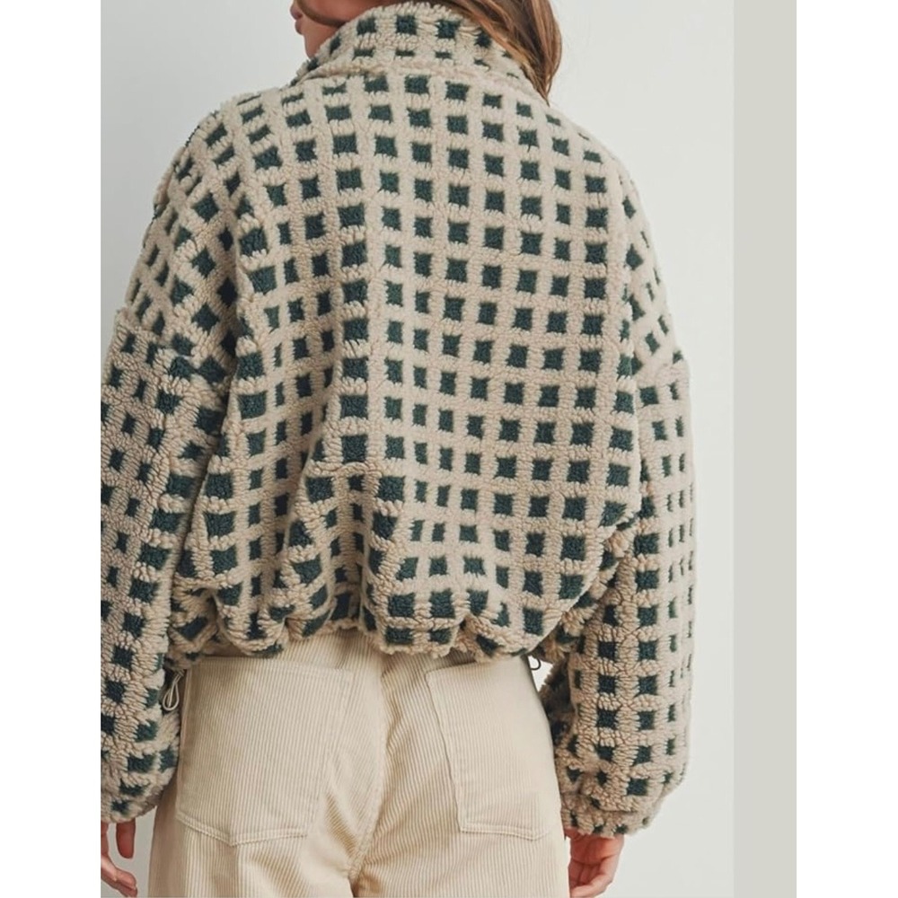Women Cream Green Checkered Teddy Fleece Zip Up Cropped Jacket Boxy Fit - Picture 2 of 4